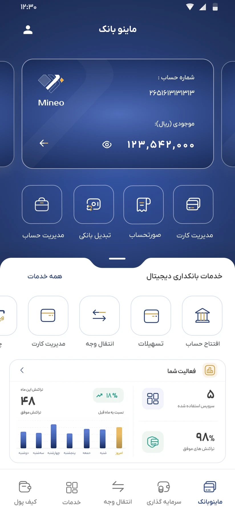 صفحهی اصلی اپلیکیشن ماینوبانک